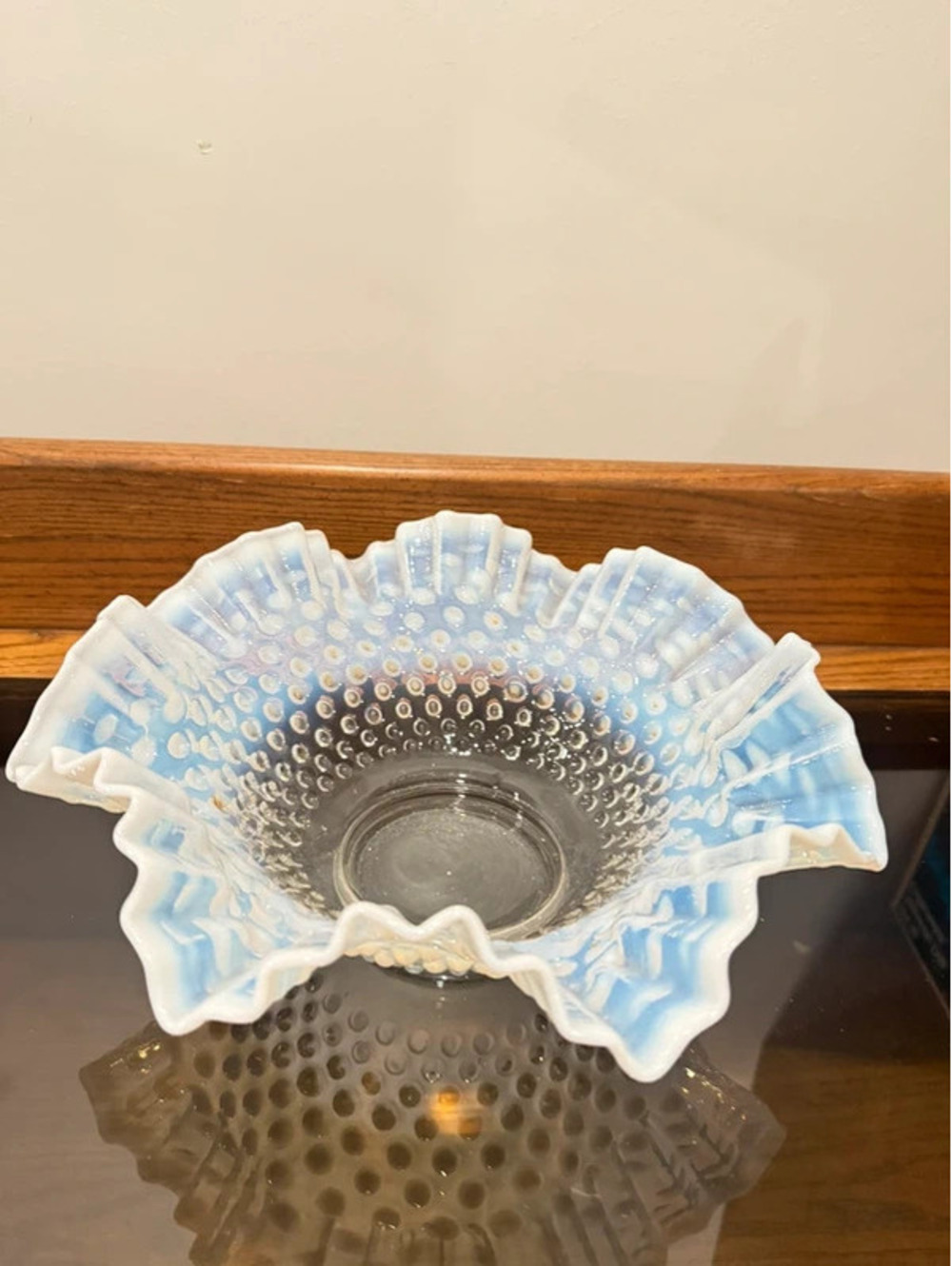Vintage Fenton Blue Opalescent Hobnail Ruffled Glass Bowl